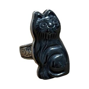 Heavy Sterling Silver Cat Ring – Paw Print Band – Statement Vintage – Size 7.75